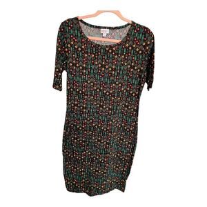 Lularoe Julia knee length dress 1/4 sleeve scoop neck brown blue red arrow Large